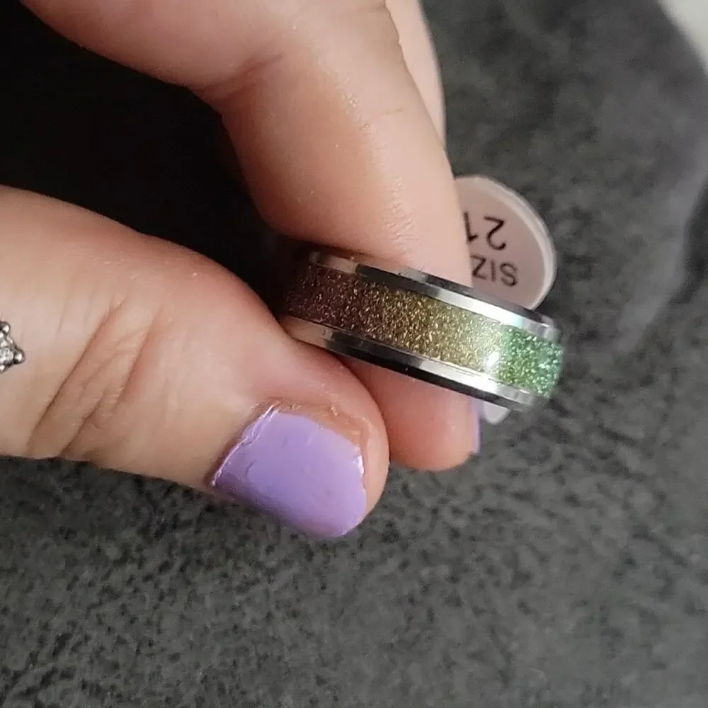 Size 9.5 (19mm) Rainbow Glitter Stainless Steel silver ring